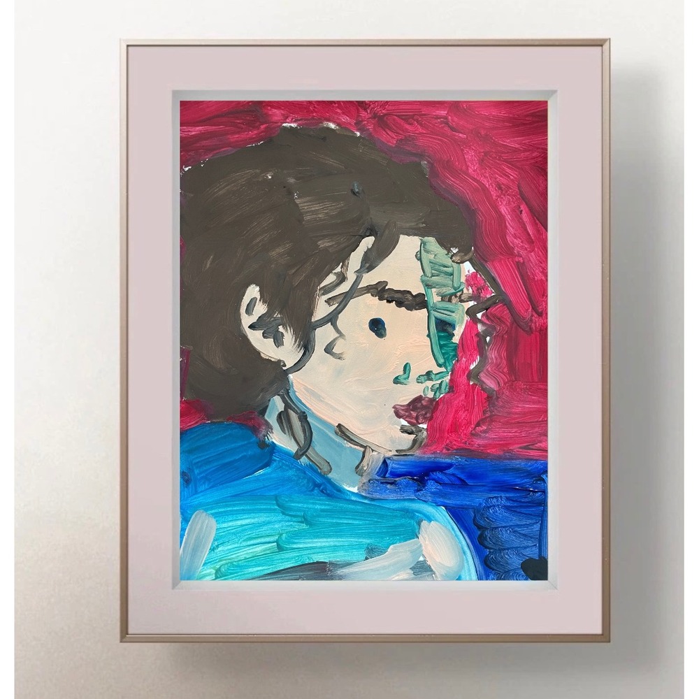 Original Abstract Portrait Painting Blue Pink Brown Figurative Art 8.5x11